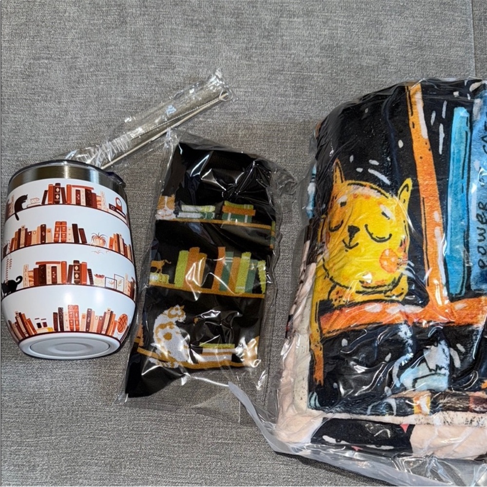 Cat and Books Mug, Socks, and Blanket Set